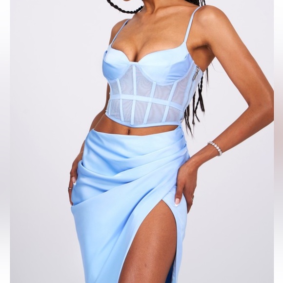 Light Blue Satin Corset Cutout Ruched Gathered Maxi Dress - NWT - Picture 3 of 10